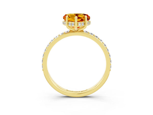 Yellow gold Heart Cut Citrine Solitaire Ring with Pavé Band and Hidden Halo