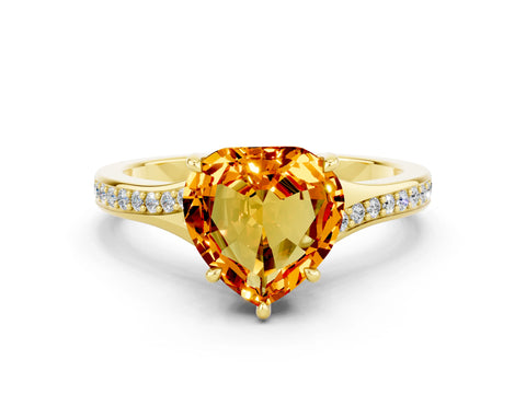 Yellow gold Heart Cut Citrine Solitaire Ring with Pavé Band and Prong Setting_12