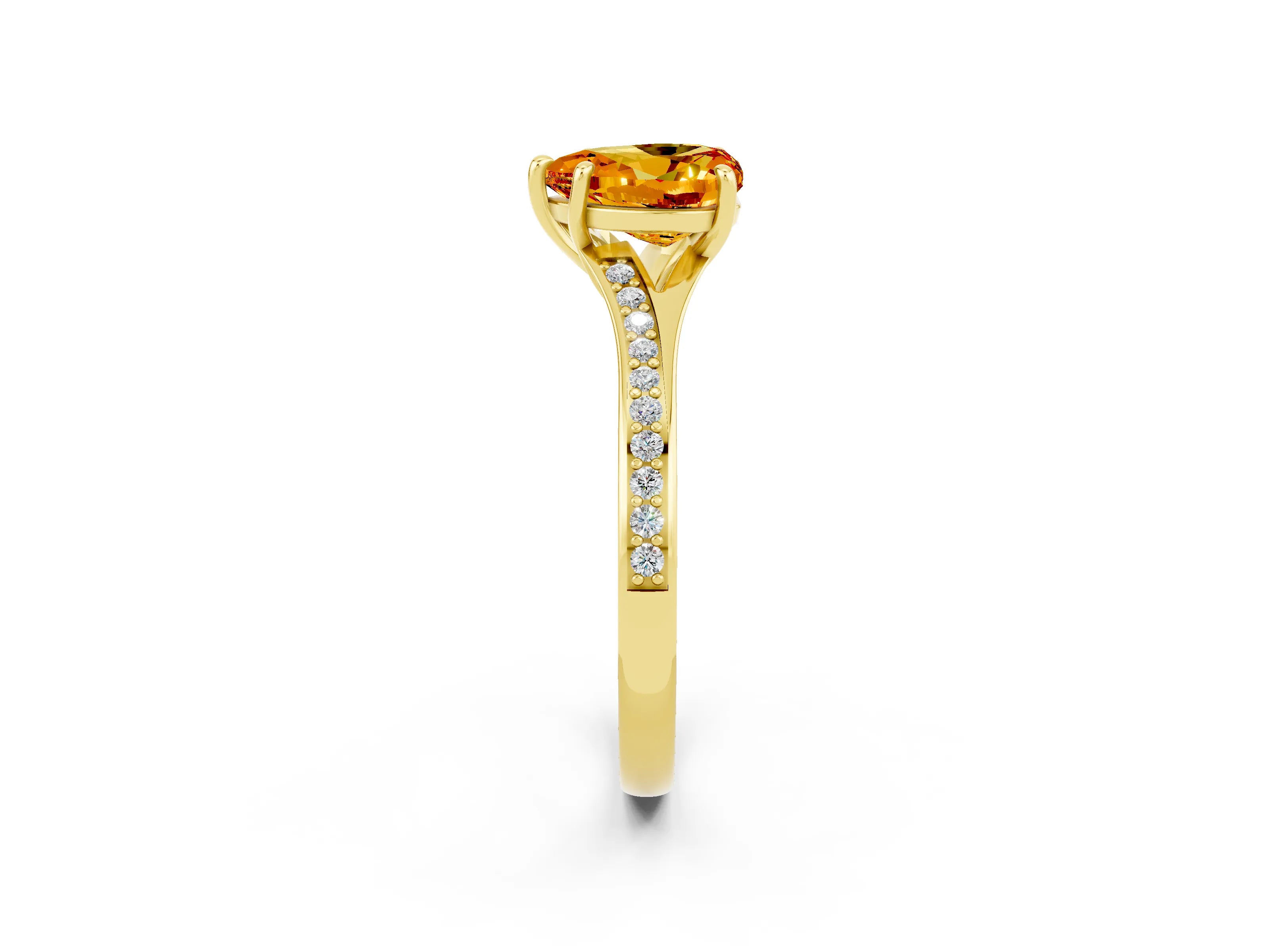 Yellow gold Heart Cut Citrine Solitaire Ring with Pavé Band and Prong Setting_14