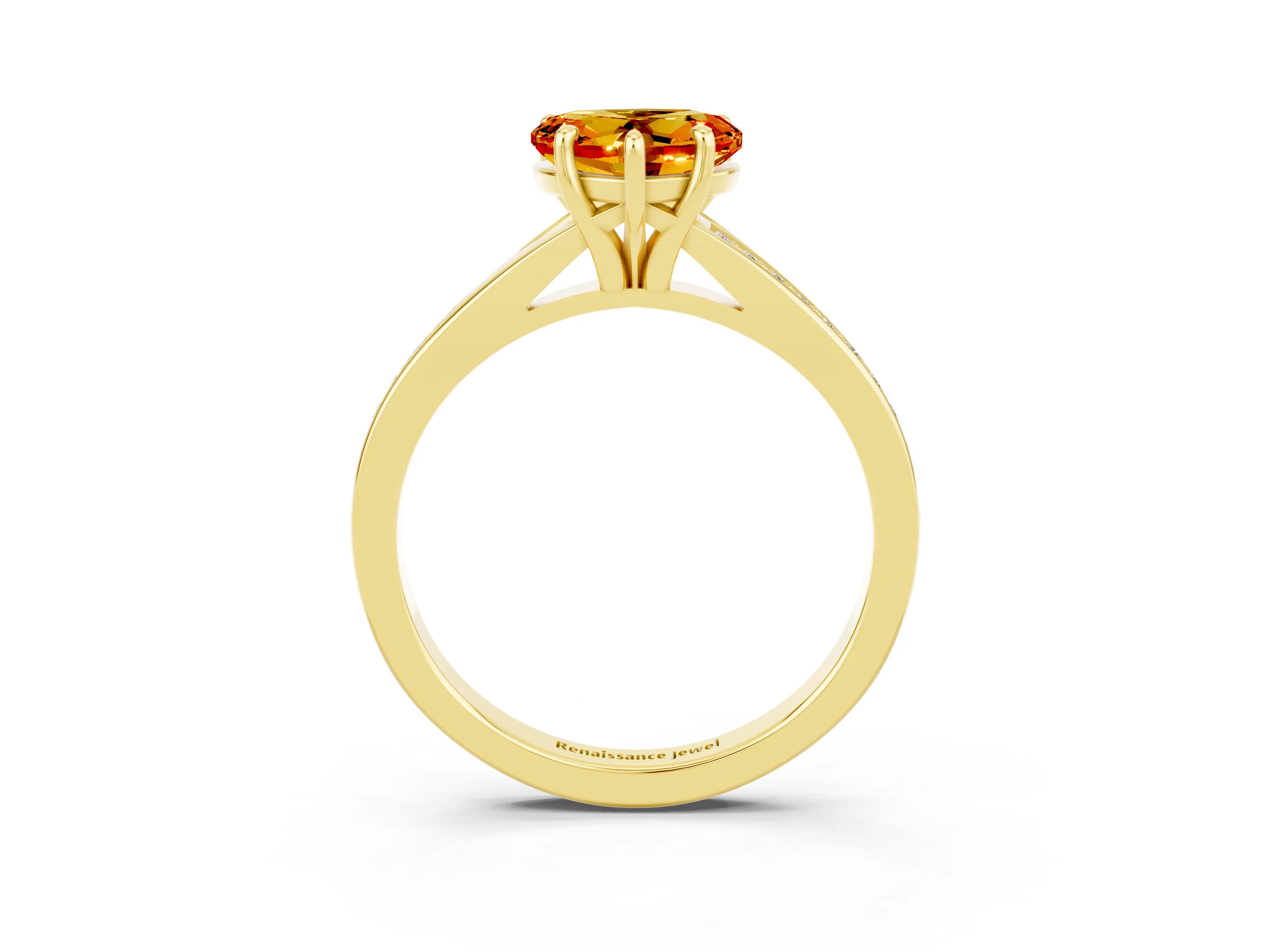 Yellow gold Heart Cut Citrine Solitaire Ring with Pavé Band and Prong Setting_3