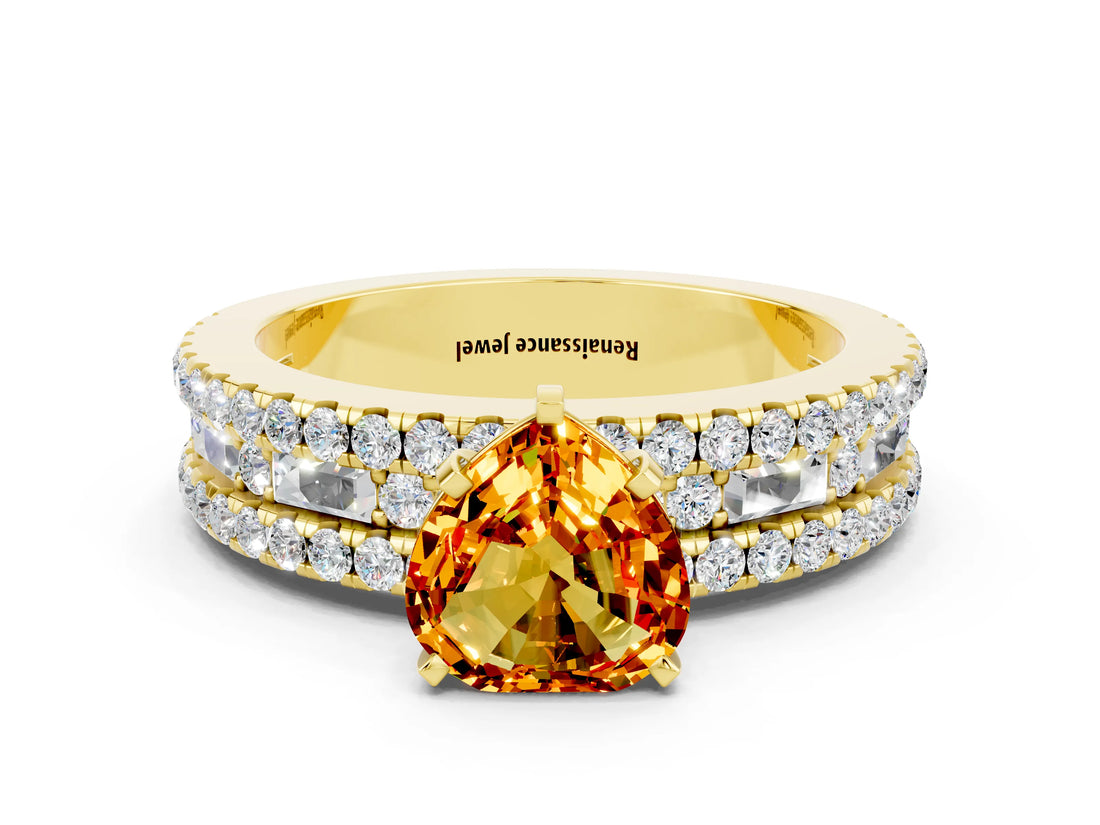 Yellow gold Heart Cut Citrine Solitaire Ring with Pavé and Channel Set Band