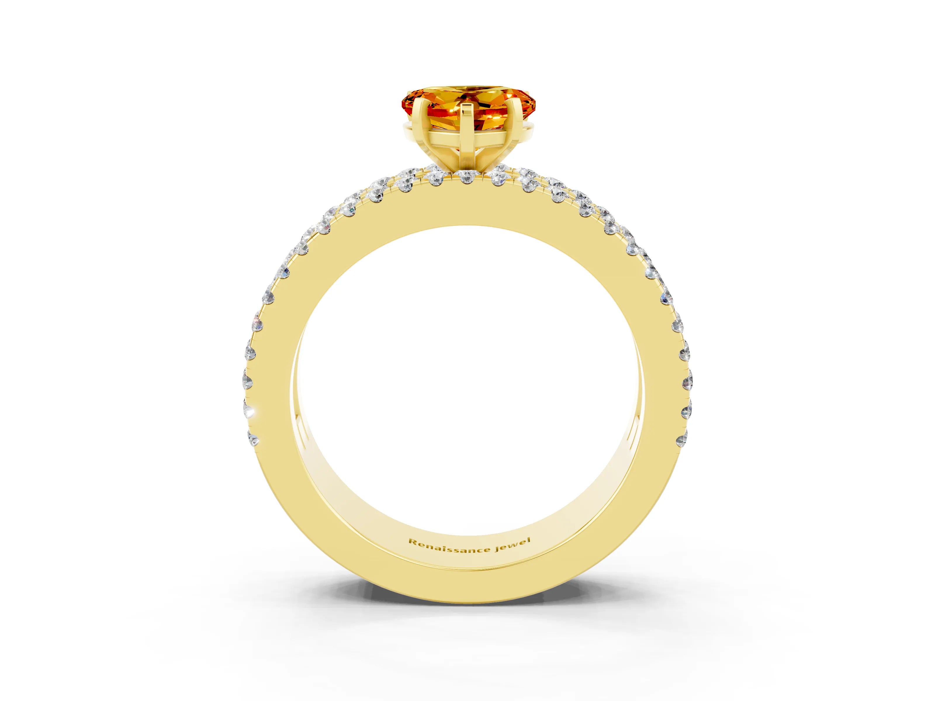 Yellow gold Heart Cut Citrine Solitaire Ring with Pavé and Channel Set Band_3