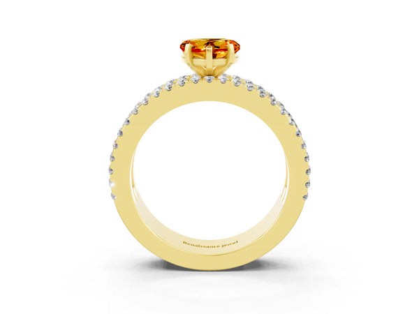 Yellow gold Heart Cut Citrine Solitaire Ring with Pavé and Channel Set Band