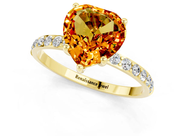 Yellow gold Heart Cut Citrine Solitaire Ring with Round  Pavé Band and Prong Setting