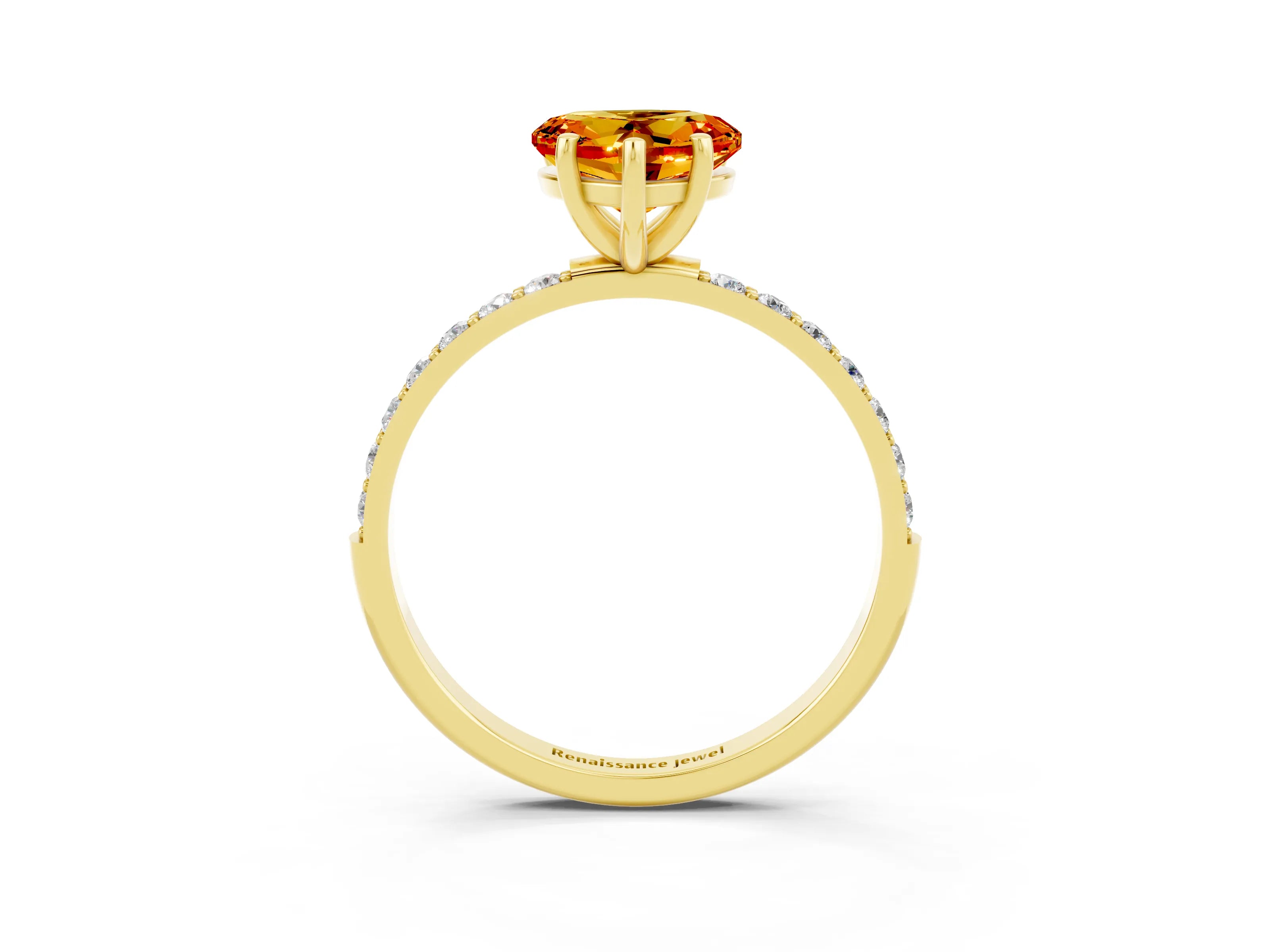 Yellow gold Heart Cut Citrine Solitaire Ring with Pave Band and Four Prong Setting_27