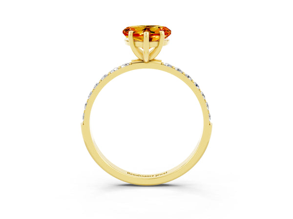 Yellow gold Heart Cut Citrine Solitaire Ring with Round  Pavé Band and Prong Setting