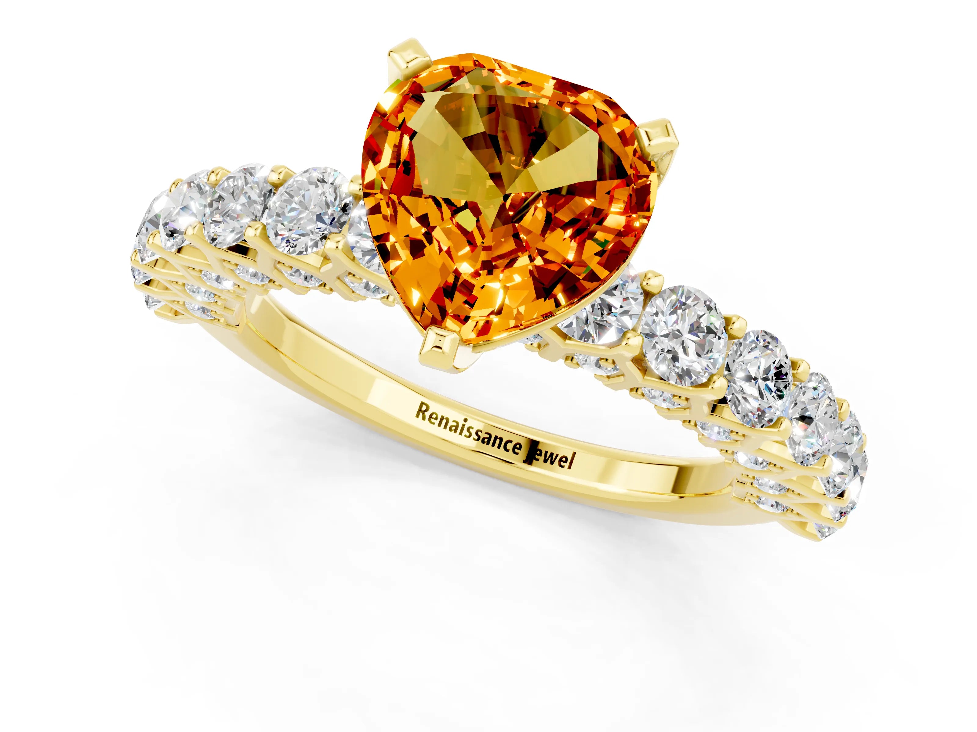 Yellow gold Heart Cut Citrine Solitaire Ring with Shared Prong Pavé Band and Four-Prong Setting_1