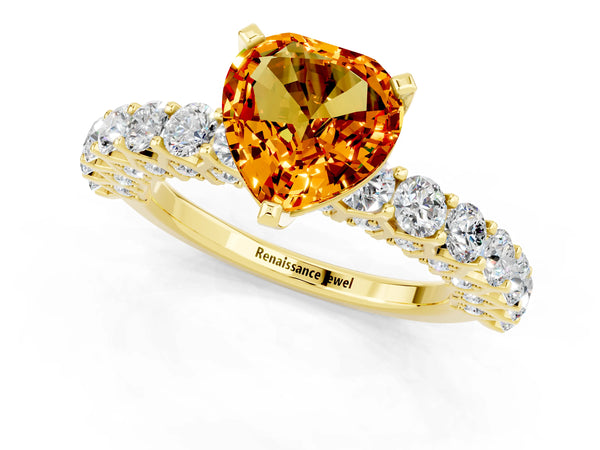 Yellow gold Heart Cut Citrine Solitaire Ring with Shared Prong Pavé Band and Four-Prong Setting