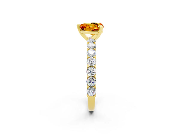 Yellow gold Heart Cut Citrine Solitaire Ring with Shared Prong Pavé Band and Four-Prong Setting
