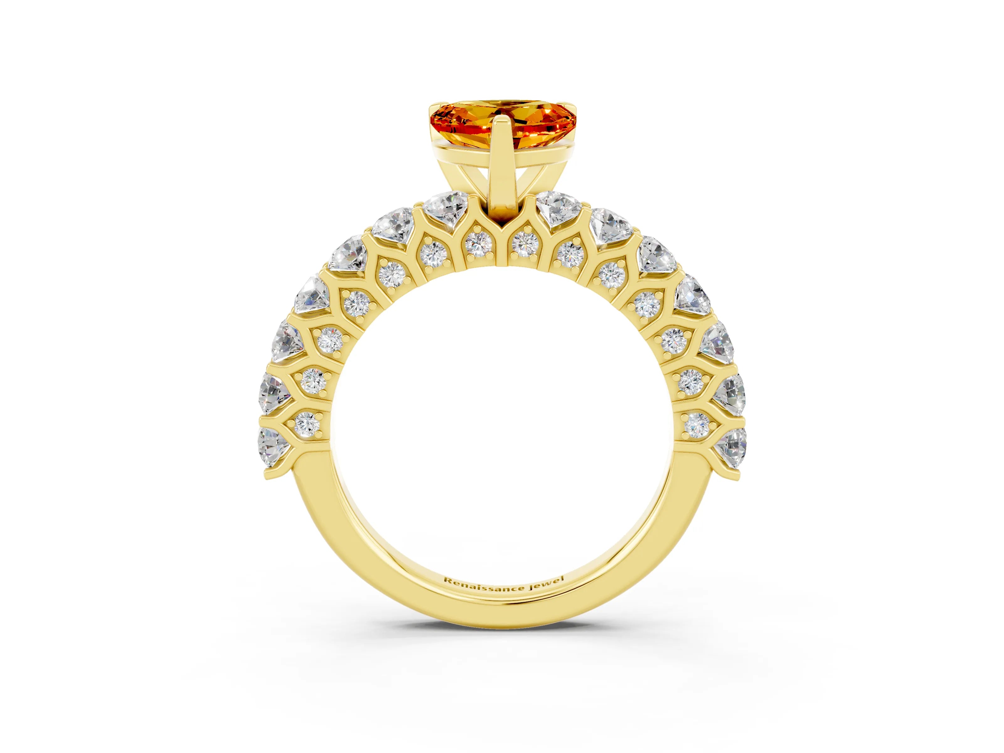 Yellow gold Heart Cut Citrine Solitaire Ring with Shared Prong Pavé Band and Four-Prong Setting_3