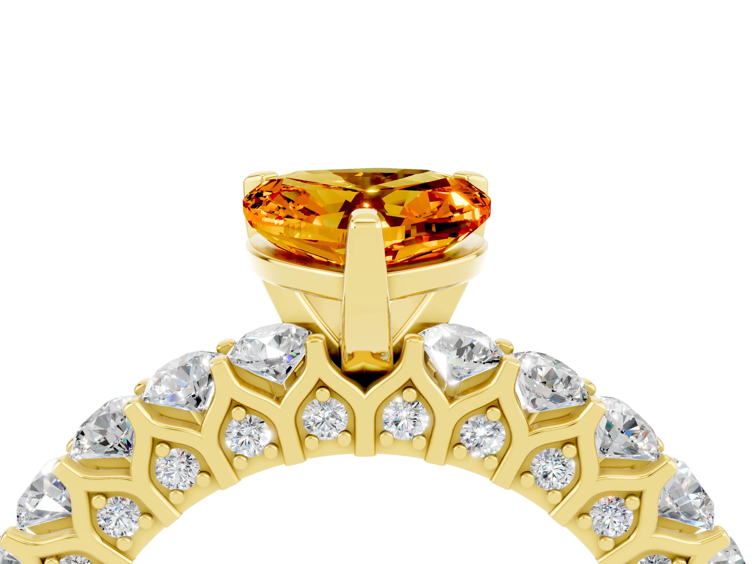 Yellow gold Heart Cut Citrine Solitaire Ring with Shared Prong Pavé Band and Four-Prong Setting_4