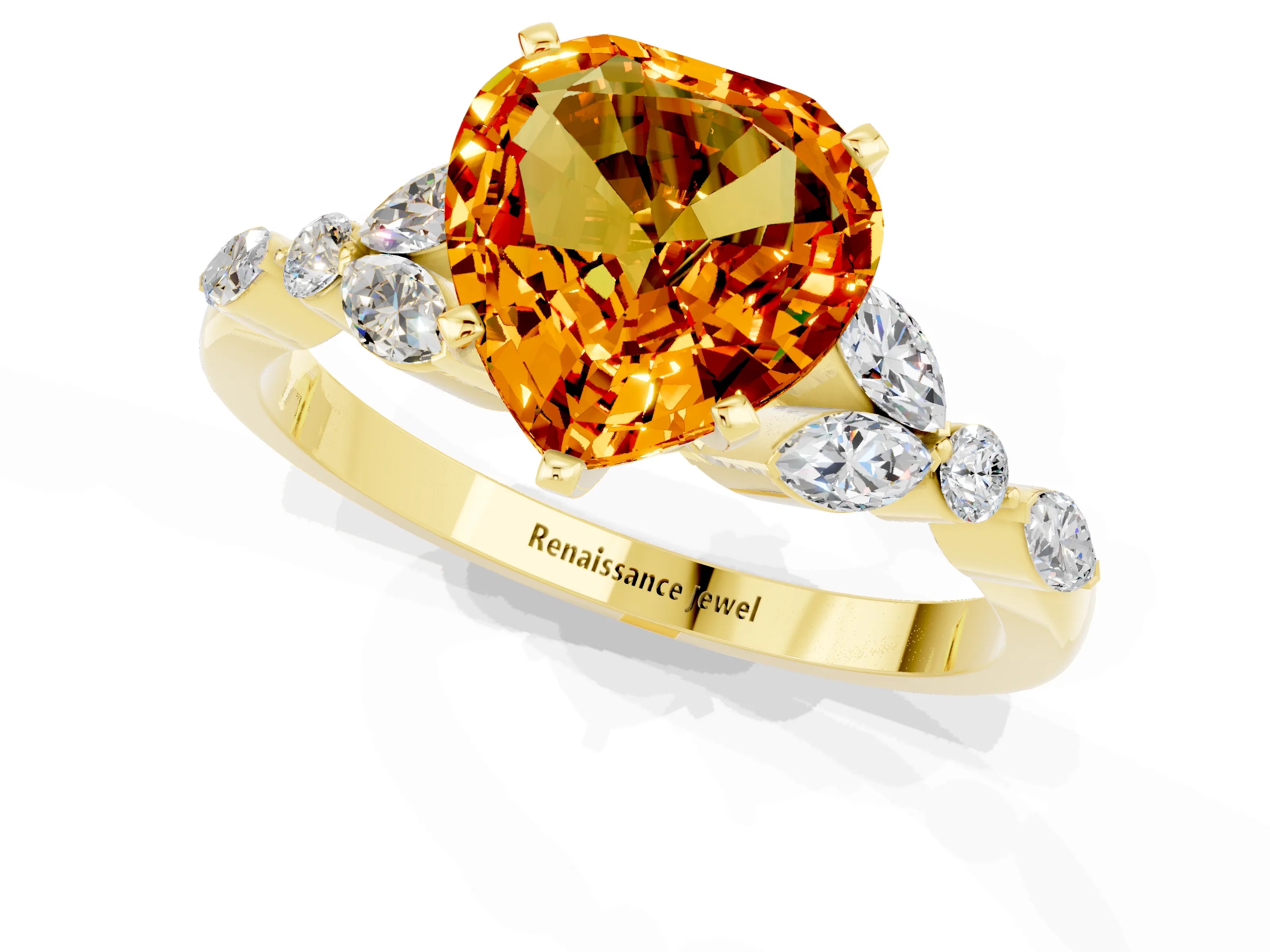 Yellow gold Heart Cut Citrine Solitaire Ring with Side Stones and Four-Prong Setting_13