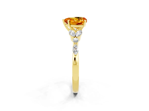 Yellow gold Heart Cut Citrine Solitaire Ring with Side Stones and Four-Prong Setting