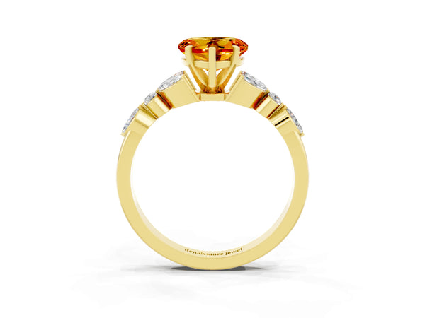 Yellow gold Heart Cut Citrine Solitaire Ring with Side Stones and Four-Prong Setting