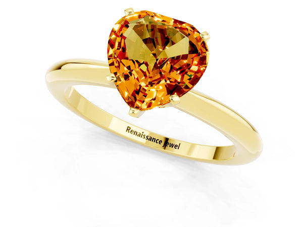 Yellow gold Heart Cut Citrine Solitaire Ring with Six-Prong Setting and Classic Band