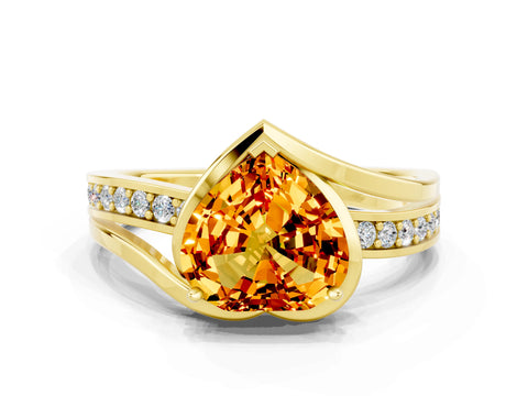Yellow gold Heart Cut Citrine Solitaire Ring with Split Shank and Prong Setting