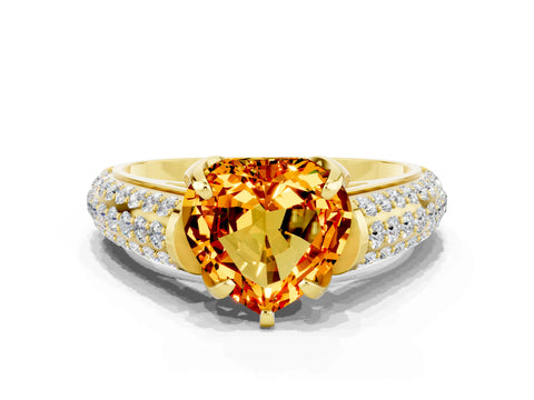 Yellow gold Heart Cut Citrine Solitaire Ring with Three-Row Pavé Band and Four-Prong Setting_12