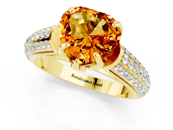 Yellow gold Heart Cut Citrine Solitaire Ring with Three-Row Pavé Band and Four-Prong Setting