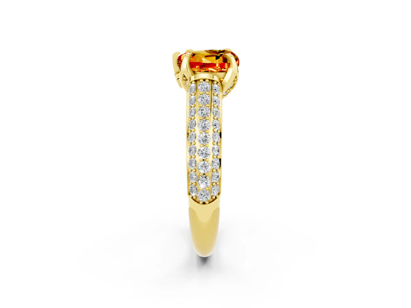 Yellow gold Heart Cut Citrine Solitaire Ring with Three-Row Pavé Band and Four-Prong Setting