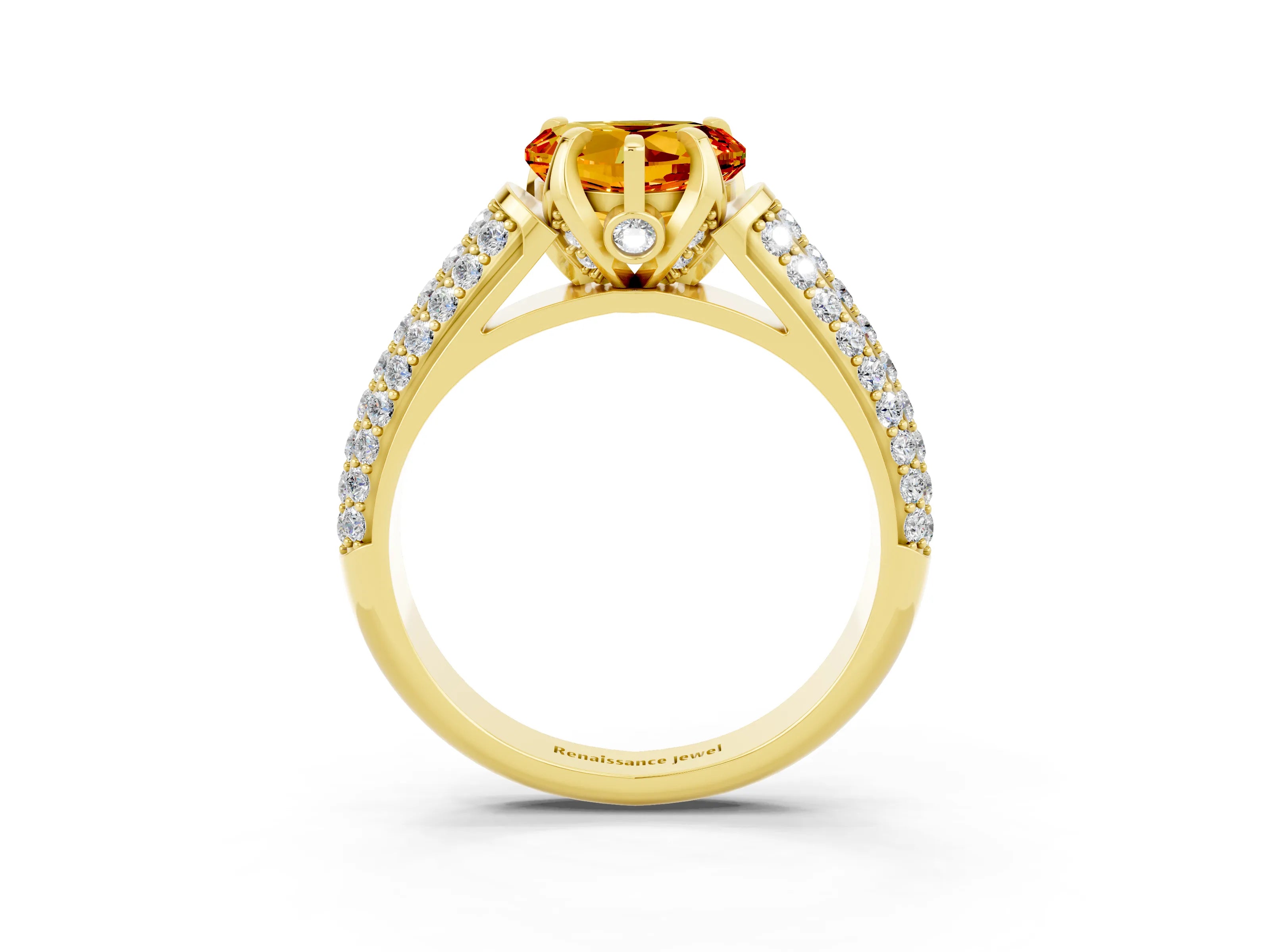 Yellow gold Heart Cut Citrine Solitaire Ring with Three-Row Pavé Band and Four-Prong Setting_15