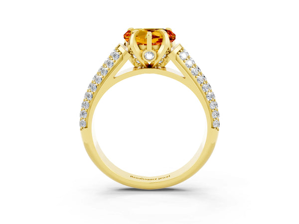 Yellow gold Heart Cut Citrine Solitaire Ring with Three-Row Pavé Band and Four-Prong Setting