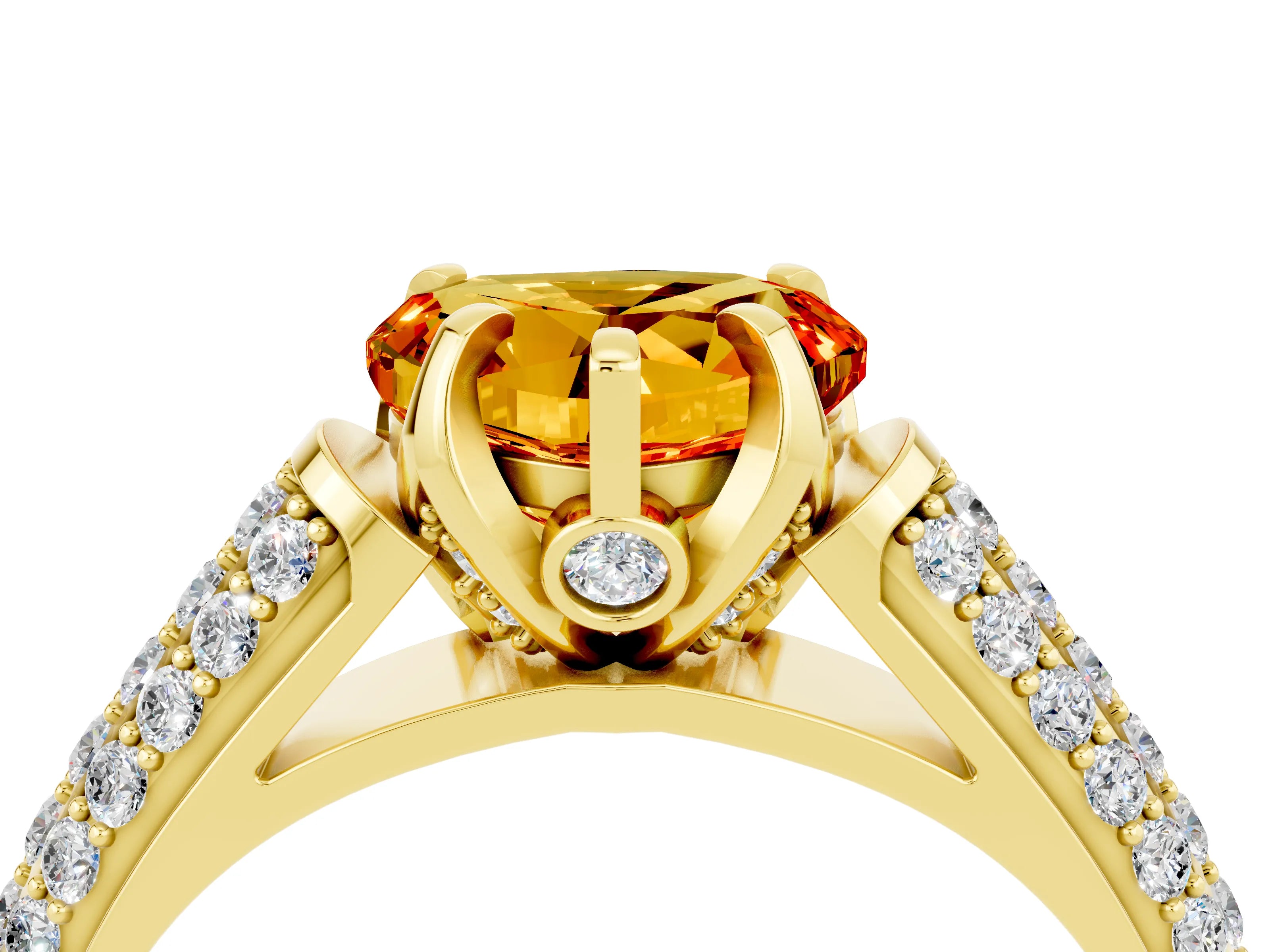 Yellow gold Heart Cut Citrine Solitaire Ring with Three-Row Pavé Band and Four-Prong Setting_16