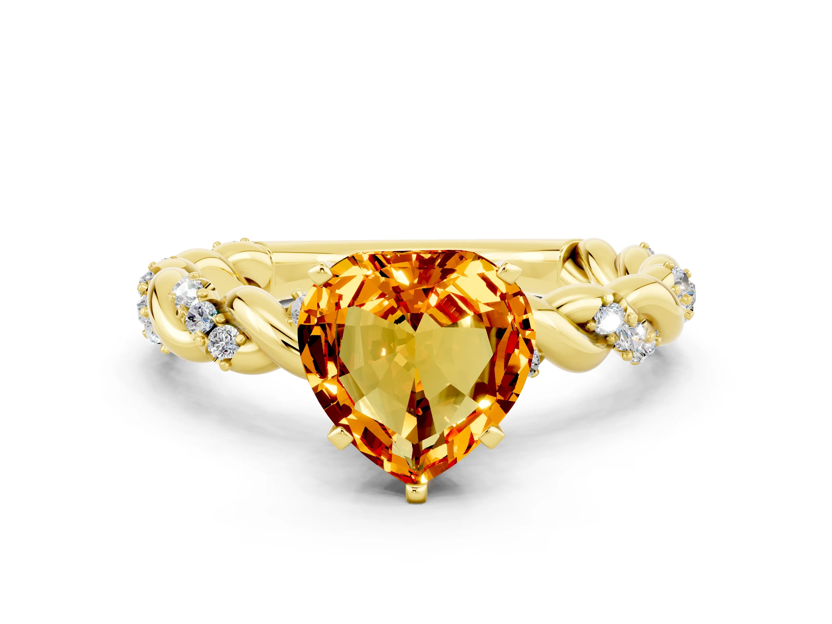 Yellow gold Heart Cut Citrine Solitaire Ring with Twisted Band and Pavé Accents