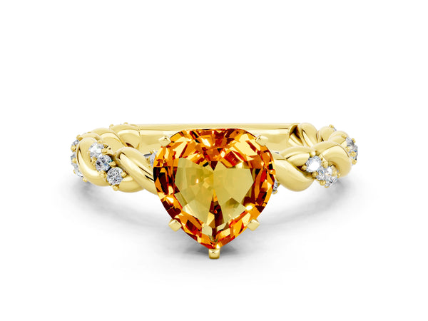 Yellow gold Heart Cut Citrine Solitaire Ring with Twisted Band and Pavé Accents
