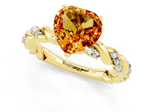 Yellow gold Heart Cut Citrine Solitaire Ring with Twisted Band and Pavé Accents_1