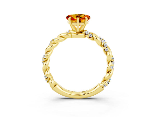 Yellow gold Heart Cut Citrine Solitaire Ring with Twisted Band and Pavé Accents