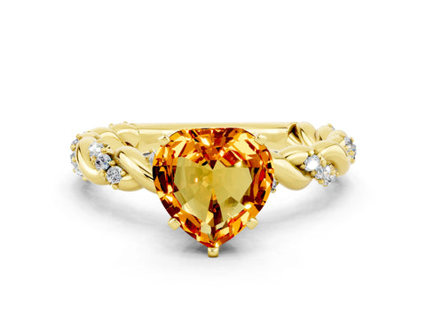 Yellow gold Heart Cut Citrine Solitaire Ring with Twisted Band and Pavé Accents