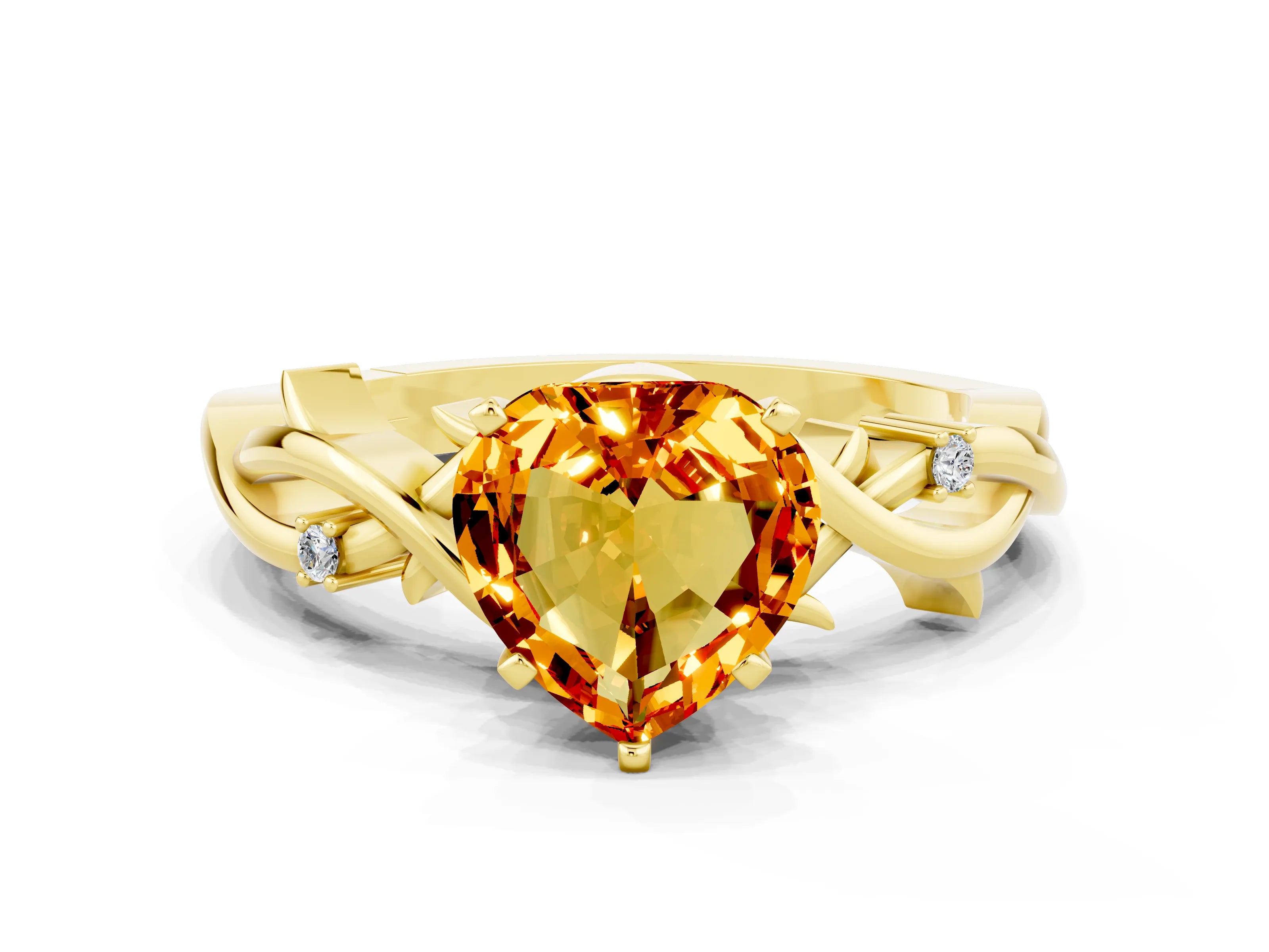 Yellow gold Heart Cut Citrine Solitaire Ring with Twisted Band and Prong Setting