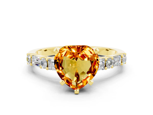Yellow gold Heart Cut Citrine Solitaire with Side Baguettes and Channel Set Band