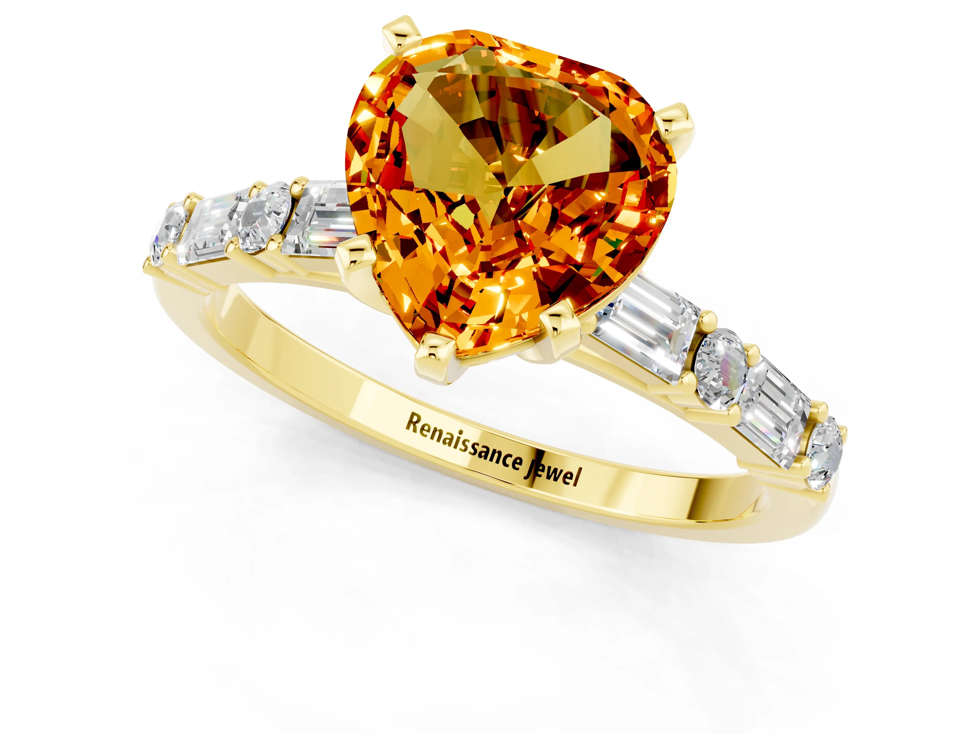 Yellow gold Heart Cut Citrine Solitaire with Side Baguettes and Channel Set Band_1