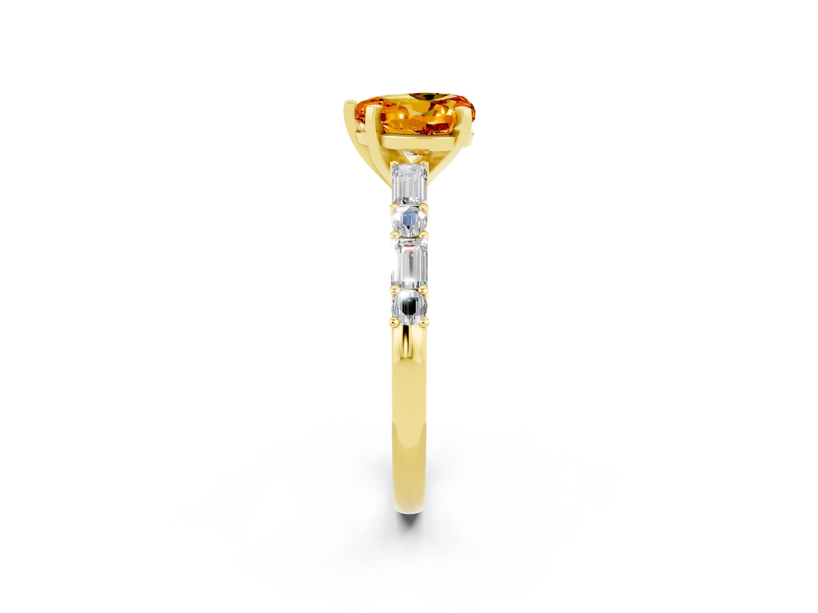 Yellow gold Heart Cut Citrine Solitaire with Side Baguettes and Channel Set Band_2