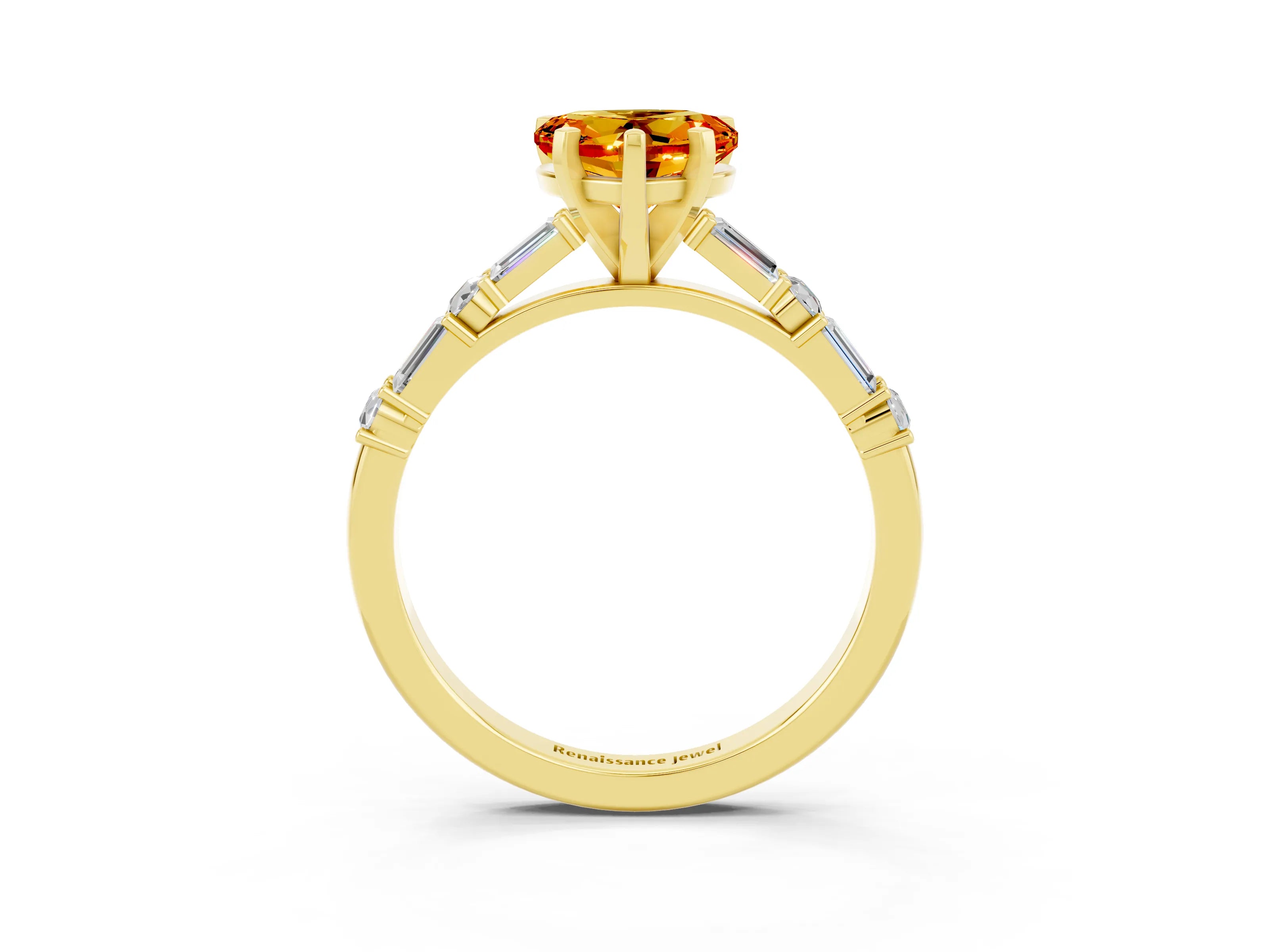 Yellow gold Heart Cut Citrine Solitaire with Side Baguettes and Channel Set Band_3