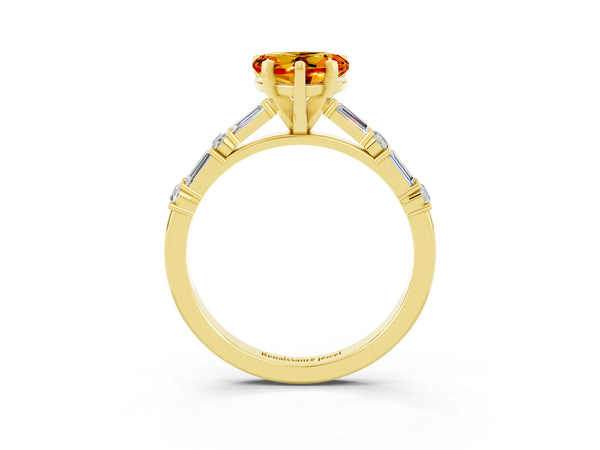 Yellow gold Heart Cut Citrine Solitaire with Side Baguettes and Channel Set Band