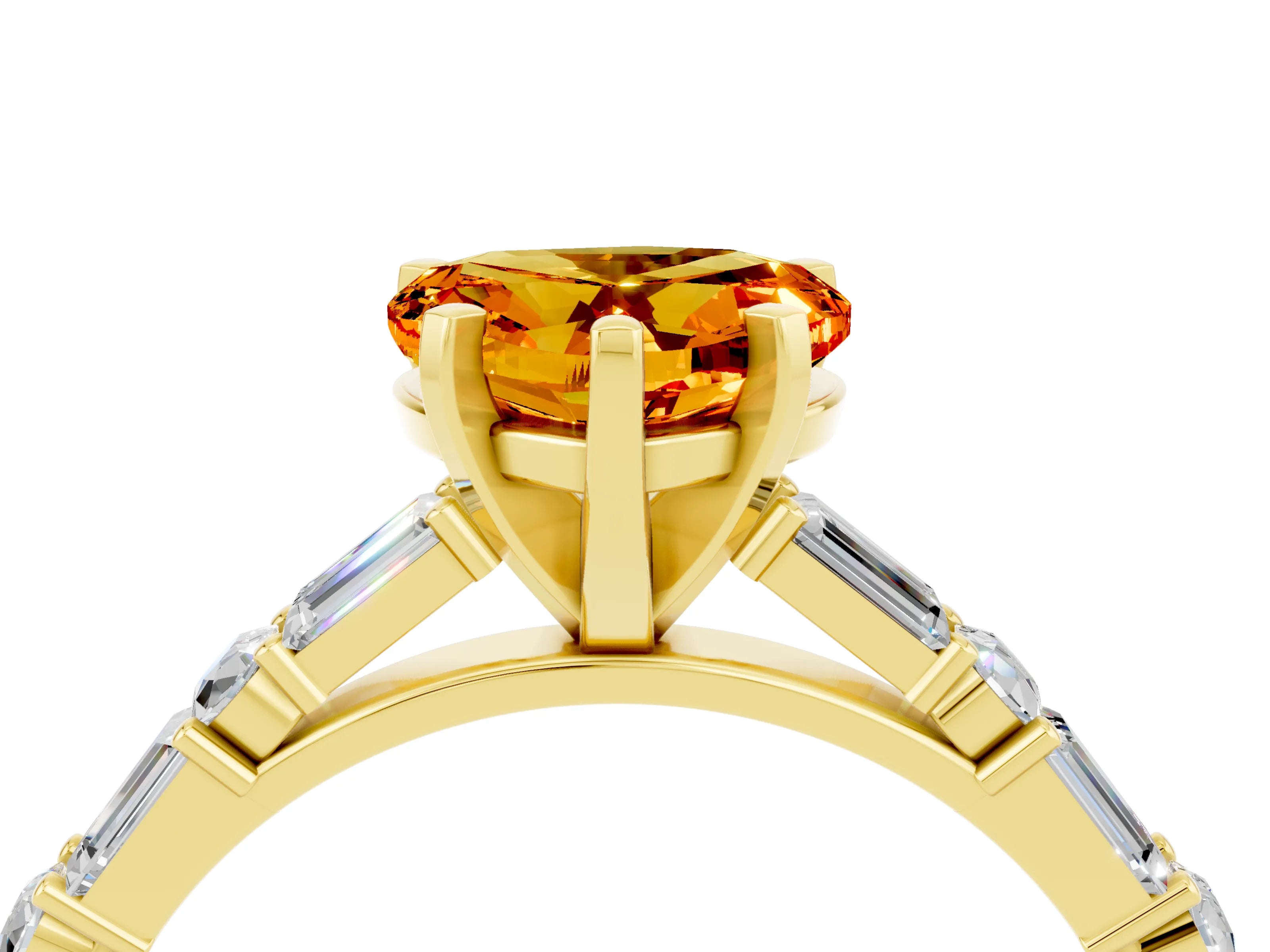 Yellow gold Heart Cut Citrine Solitaire with Side Baguettes and Channel Set Band_4