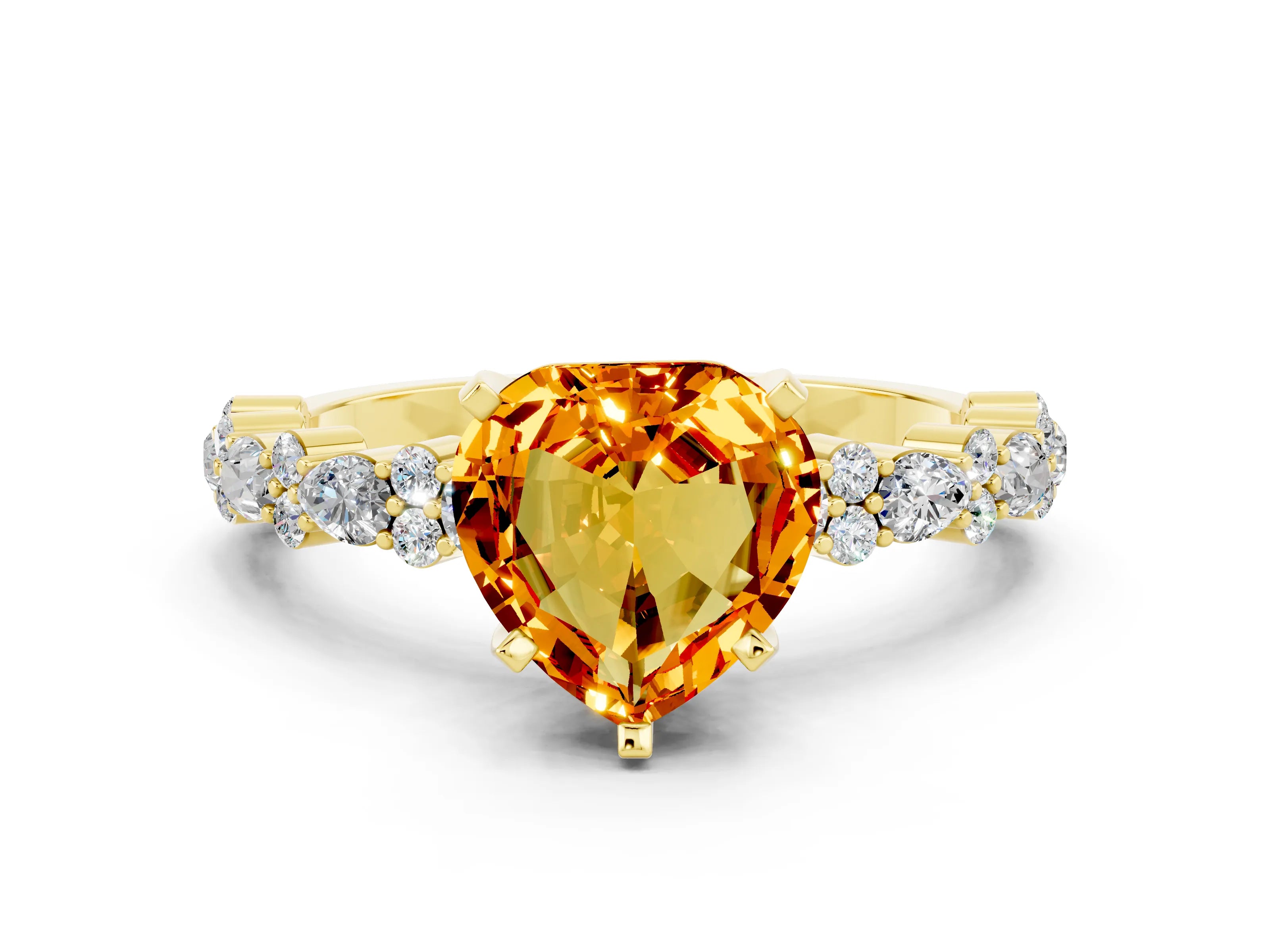Yellow gold Heart Cut Citrine Solitaire with Side Stones, Pave Band, Four-Prong Setting_36