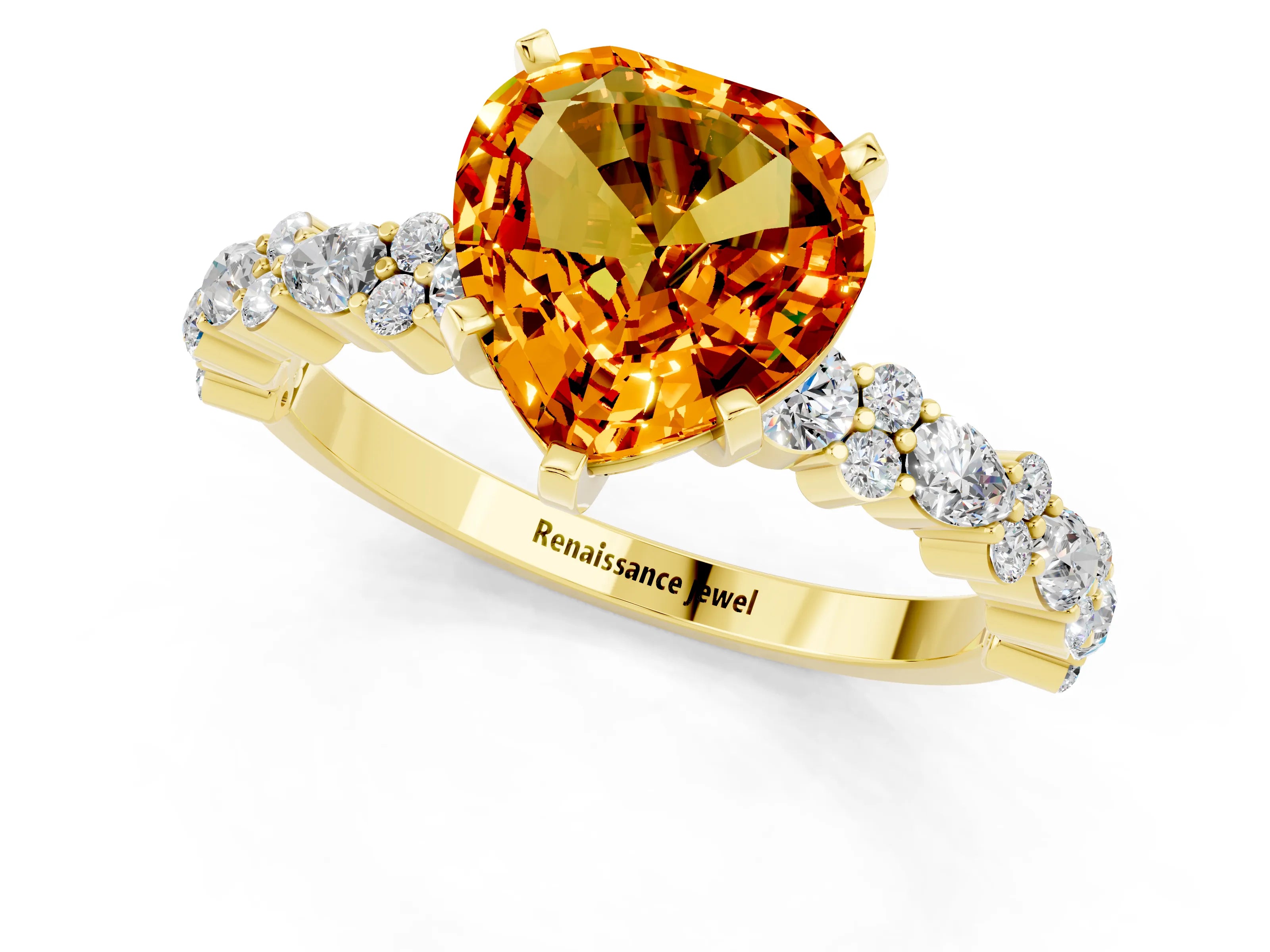 Yellow gold Heart Cut Citrine Solitaire with Side Stones, Pave Band, Four-Prong Setting_37