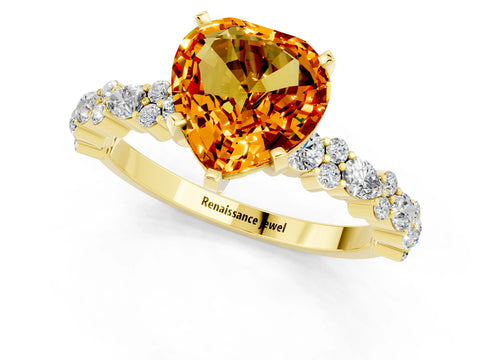 Yellow gold Heart Cut Citrine Solitaire with Side Stones, Pave Band, Four-Prong Setting_37