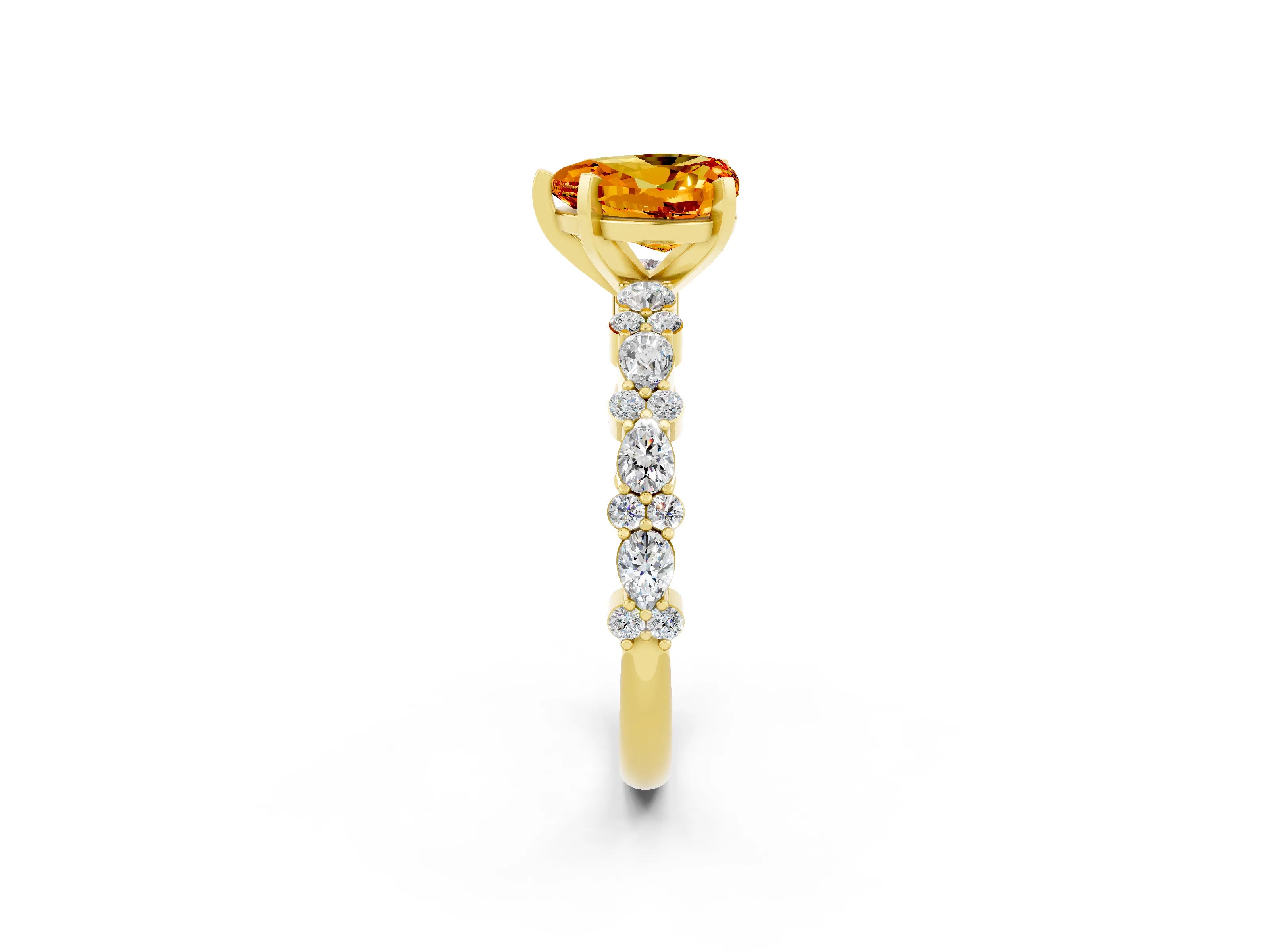 Yellow gold Heart Cut Citrine Solitaire with Side Stones, Pave Band, Four-Prong Setting_38