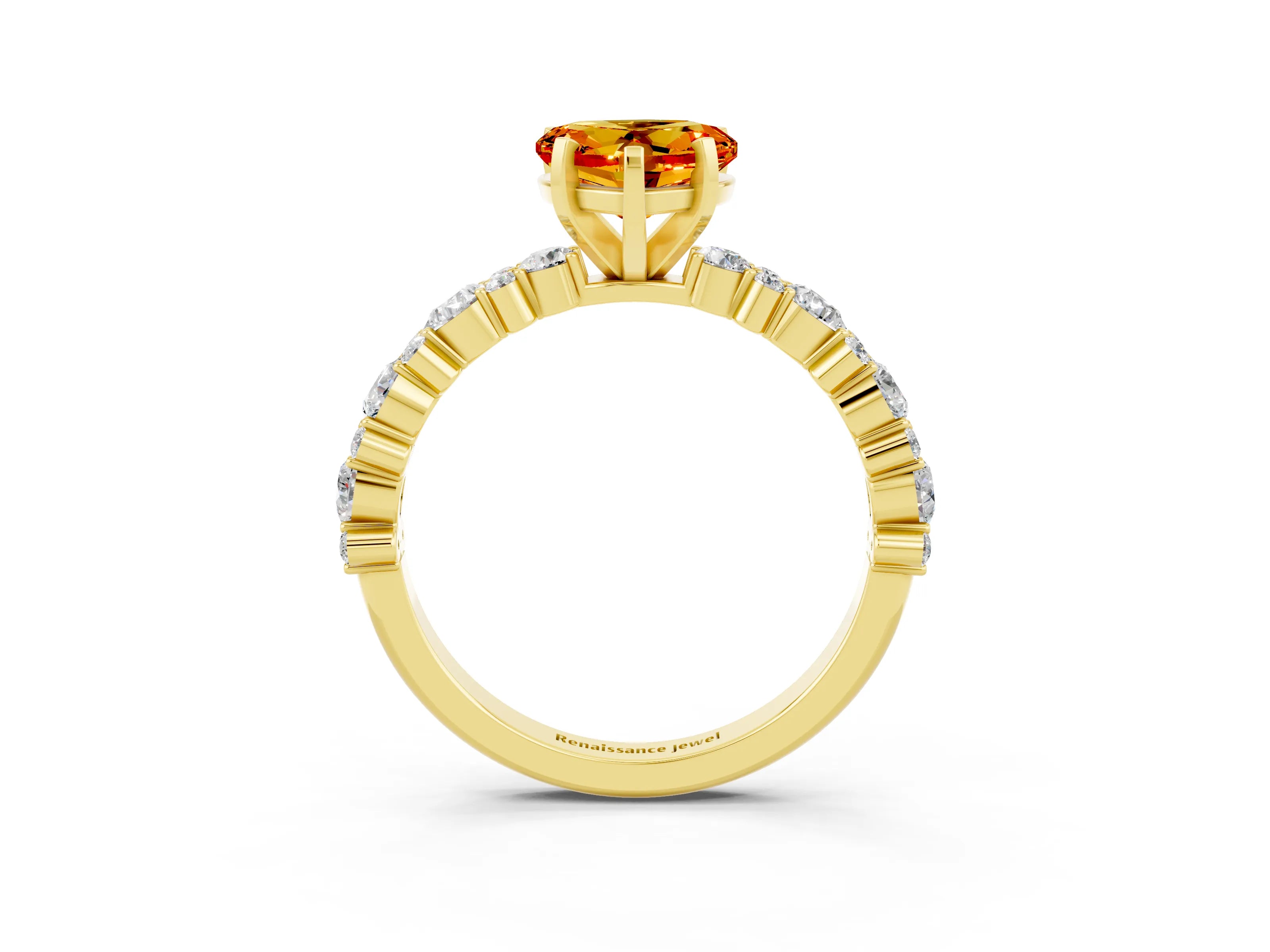 Yellow gold Heart Cut Citrine Solitaire with Side Stones, Pave Band, Four-Prong Setting_39