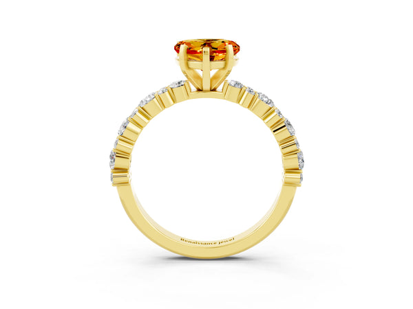 Yellow gold Heart Cut Citrine Side Stone Solitaire Ring with Round  and Four-Prong Setting