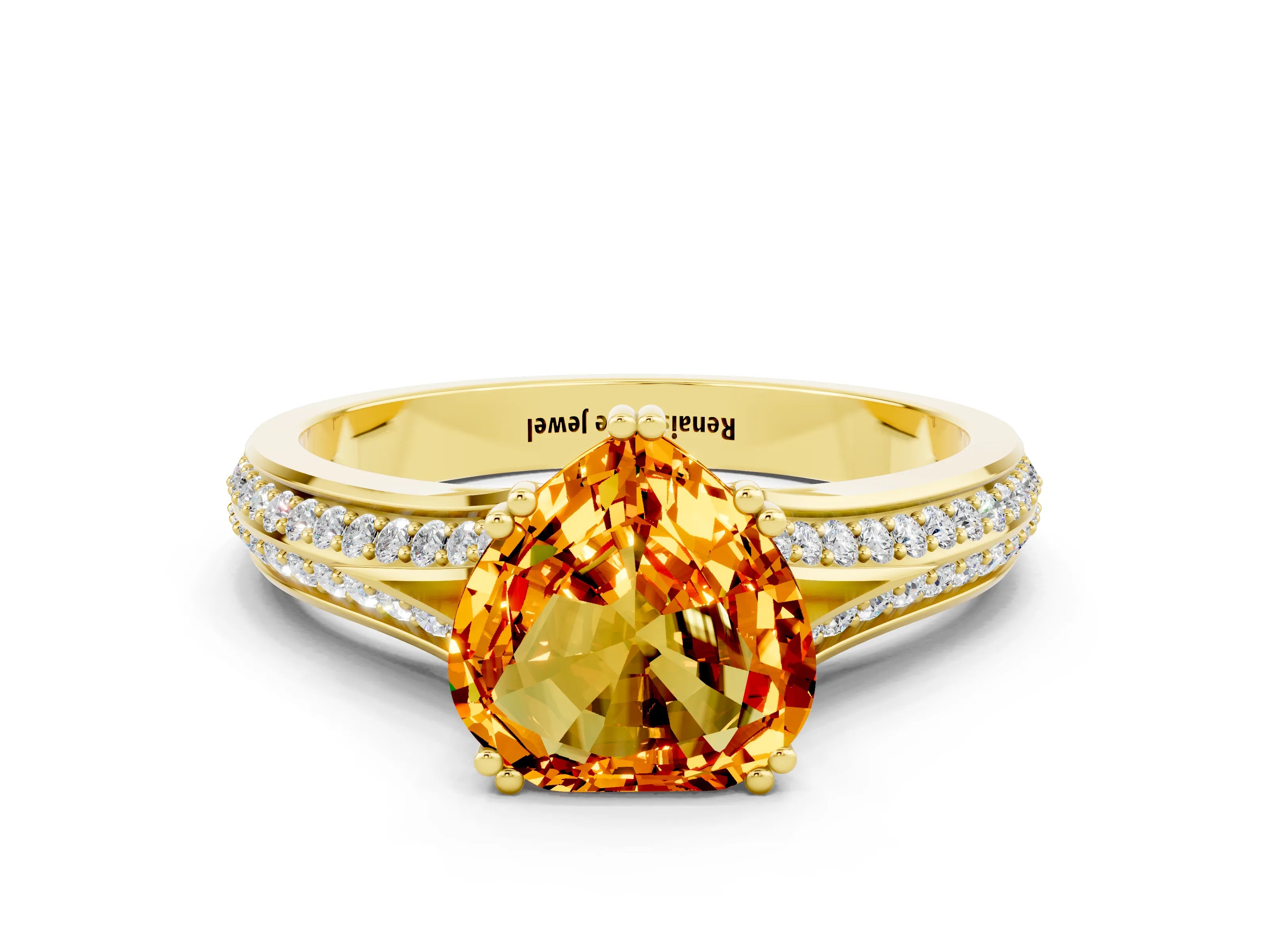 Yellow gold Heart Cut Citrine Split Shank Engagement Ring with Pavé Band