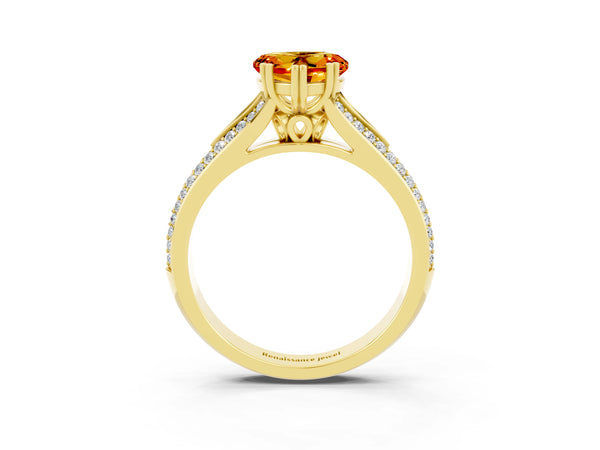 Yellow gold Heart Cut Citrine Split Shank Engagement Ring with Pavé Band