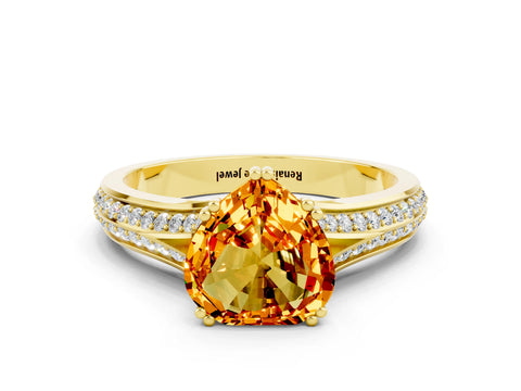 Yellow gold Heart Cut Citrine Split Shank Engagement Ring with Pavé Band