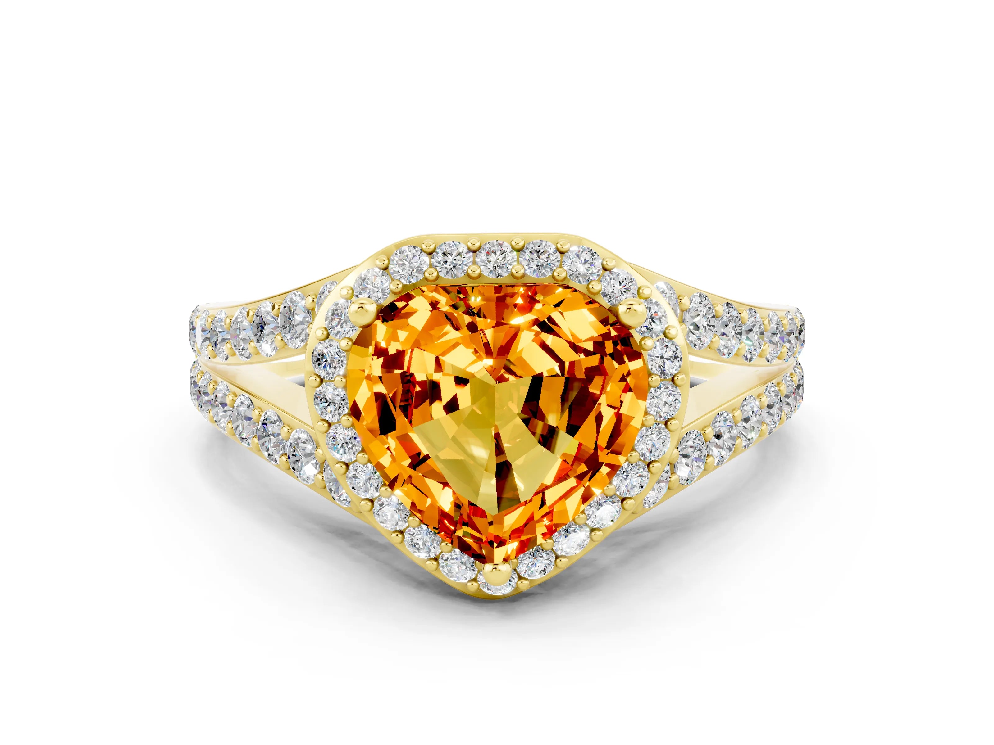 Yellow gold Heart Cut Citrine Split Shank Halo Ring with Four-Prong Setting_12