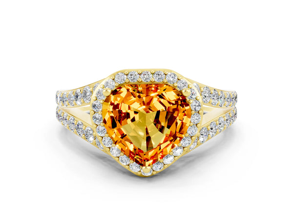 Yellow gold Heart Cut Citrine Split Shank Halo Ring with Four-Prong Setting