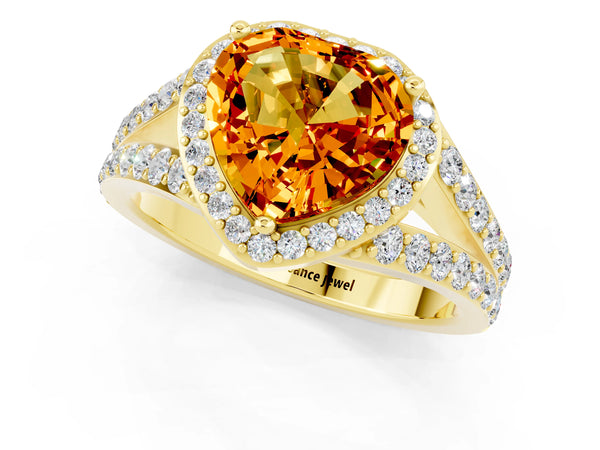 Yellow gold Heart Cut Citrine Split Shank Halo Ring with Four-Prong Setting